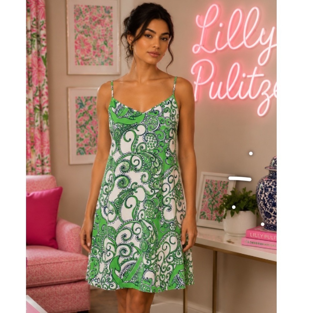 Lilly Pulitzer Green White sz XS Slip‎ Dress Adjustable Straps Mini Dress PREPPY